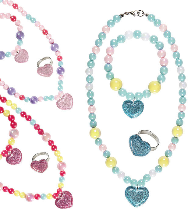 Kinderschmuck-Set mit Perlen und Herzanhänger in drei Farben für Fasnacht und Mottoparty