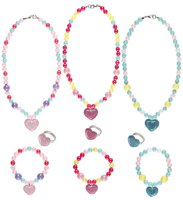 Kinderschmuck-Set mit Perlen und Herzanhänger in drei Farben für Fasnacht und Mottoparty
