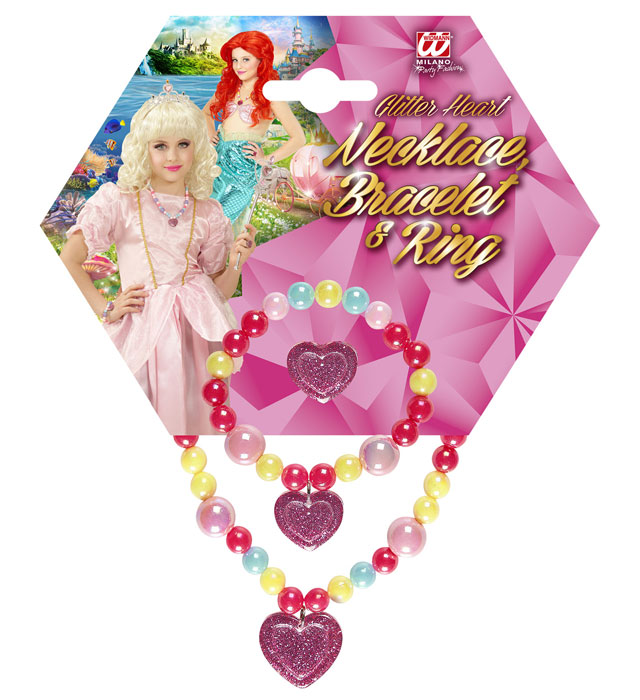 Kinderschmuck-Set mit Perlen und Herzanhänger in drei Farben für Fasnacht und Mottoparty