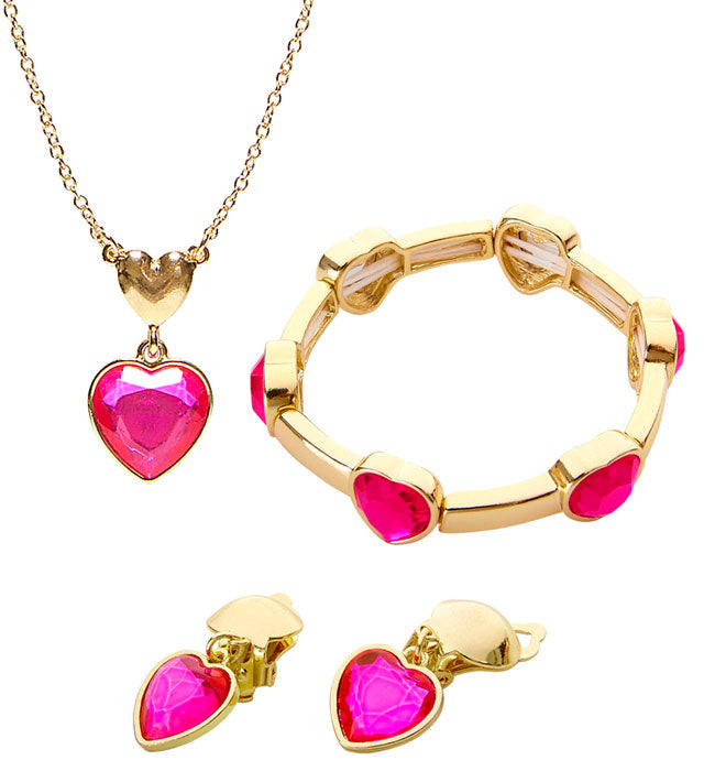 Schmuckset mit goldener Kette, Armband und Ohrsteckern mit rosa Strasssteinen