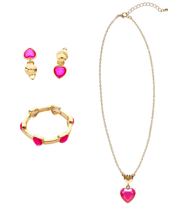 Schmuckset mit goldener Kette, Armband und Ohrsteckern mit rosa Strasssteinen