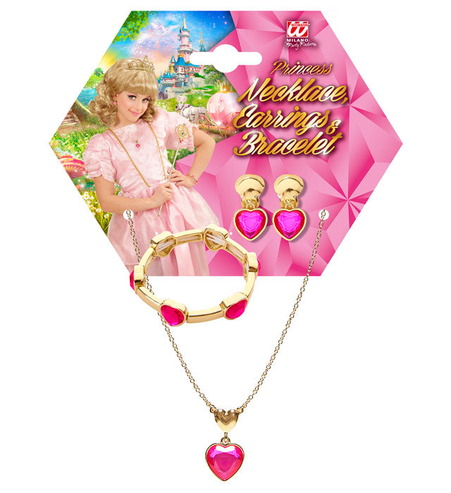 Schmuckset mit goldener Kette, Armband und Ohrsteckern mit rosa Strasssteinen