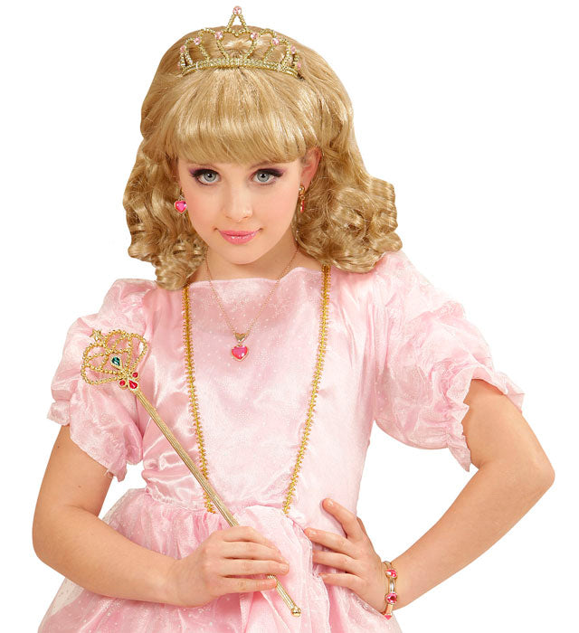 Schmuckset mit goldener Kette, Armband und Ohrsteckern mit rosa Strasssteinen