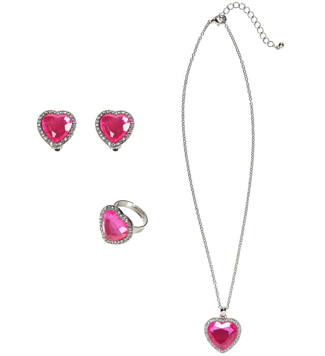 Goldenes Schmuck-Set mit rosafarbenen Strasssteinen bestehend aus Kette, Ohrringen und Ring