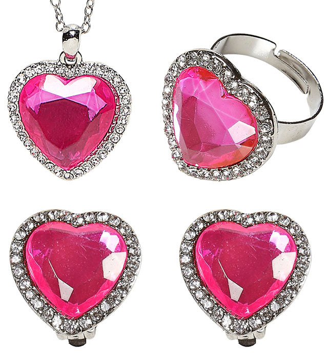 Goldenes Schmuck-Set mit rosafarbenen Strasssteinen bestehend aus Kette, Ohrringen und Ring