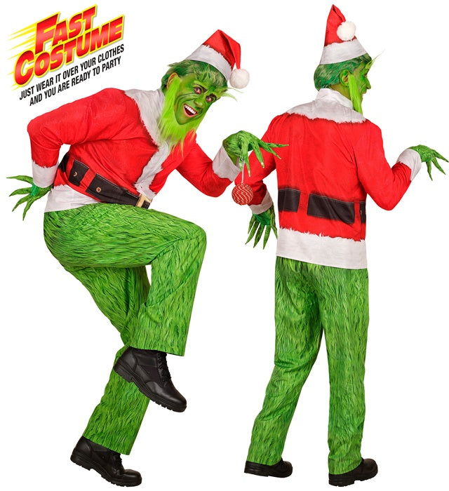 Weihnachtsmonster Kostüm mit Mütze, Bart und Handschuhen auf weissem Hintergrund