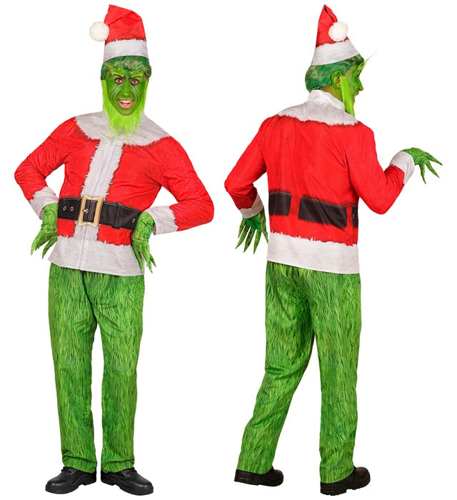 Weihnachtsmonster Kostüm mit Mütze, Bart und Handschuhen auf weissem Hintergrund