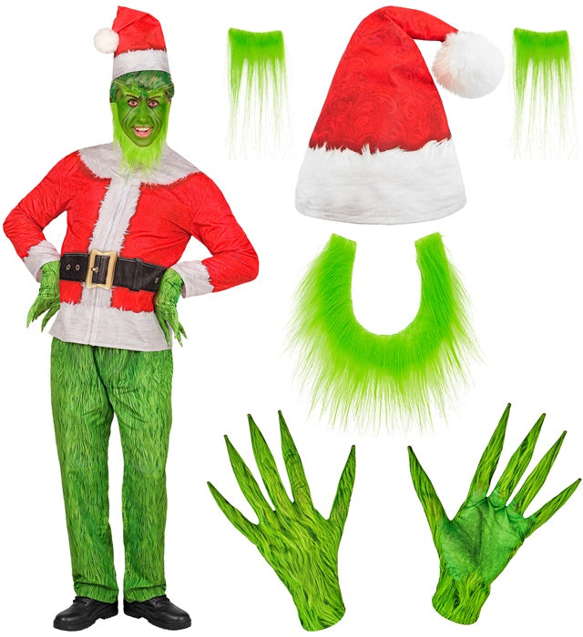 Weihnachtsmonster Kostüm mit Mütze, Bart und Handschuhen auf weissem Hintergrund