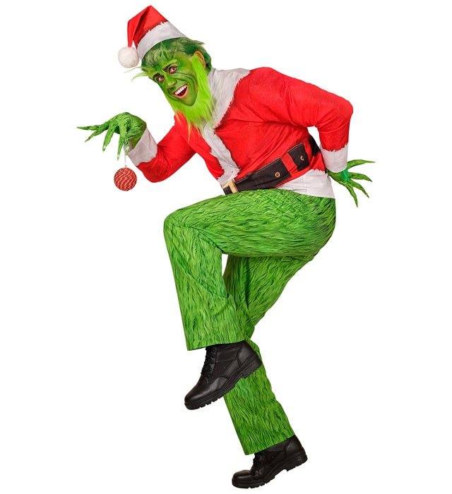 Weihnachtsmonster Kostüm mit Mütze, Bart und Handschuhen auf weissem Hintergrund