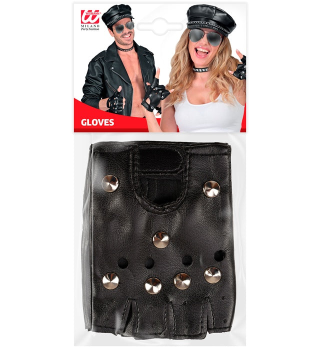 Fingerlose Nietenhandschuhe in schwarzer Lederoptik mit silbernen Nieten