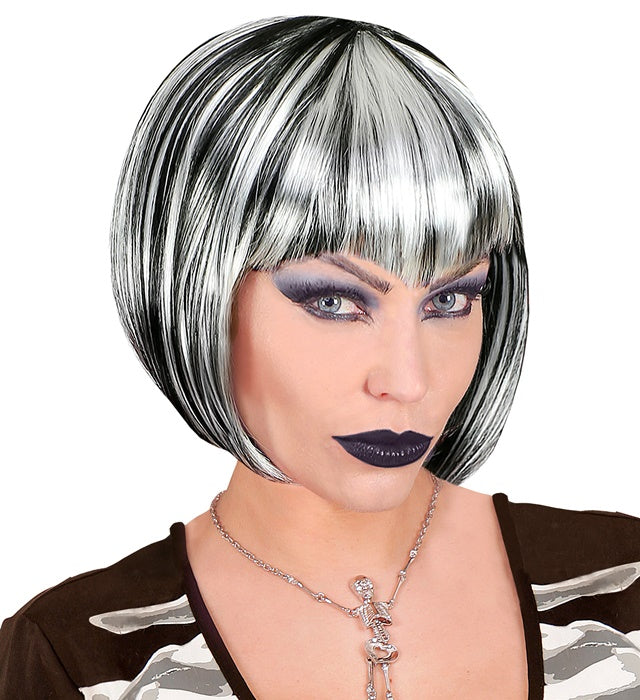 Schwarz-weisse Perücke für Halloween und Fasnacht