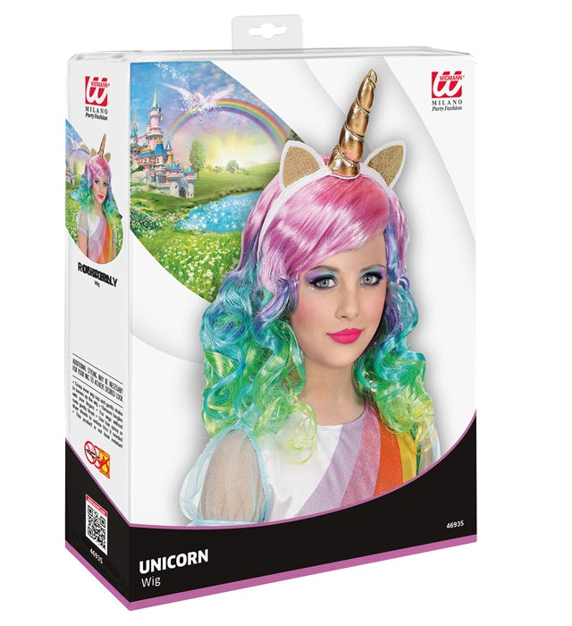 Bunte Einhorn Perücke mit passendem Haarreif für Kinder in Geschenkbox