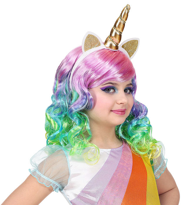 Bunte Einhorn Perücke mit passendem Haarreif für Kinder in Geschenkbox