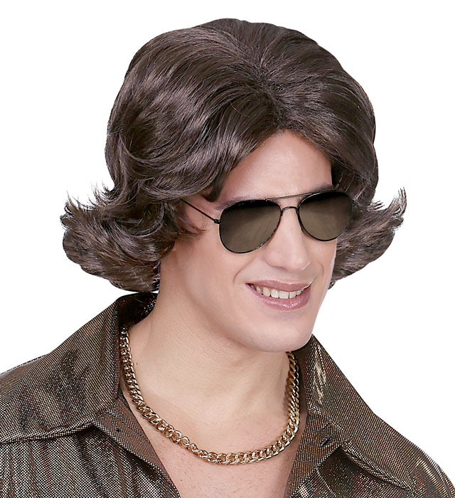 Braune 70er Jahre Disco Dude Perücke mit voluminösen Locken in Box
