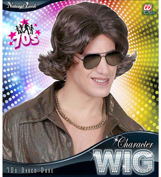 Braune 70er Jahre Disco Dude Perücke mit voluminösen Locken in Box