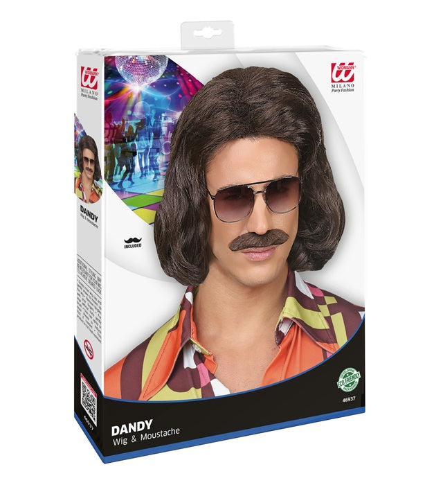 Braune 70er Jahre Dandy Perücke mit Schnurrbart in Box