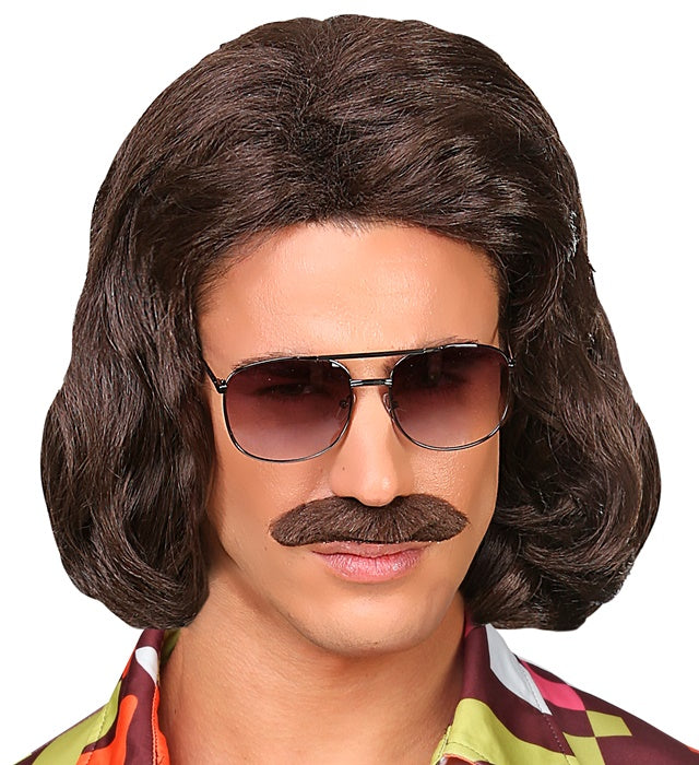 Braune 70er Jahre Dandy Perücke mit Schnurrbart in Box