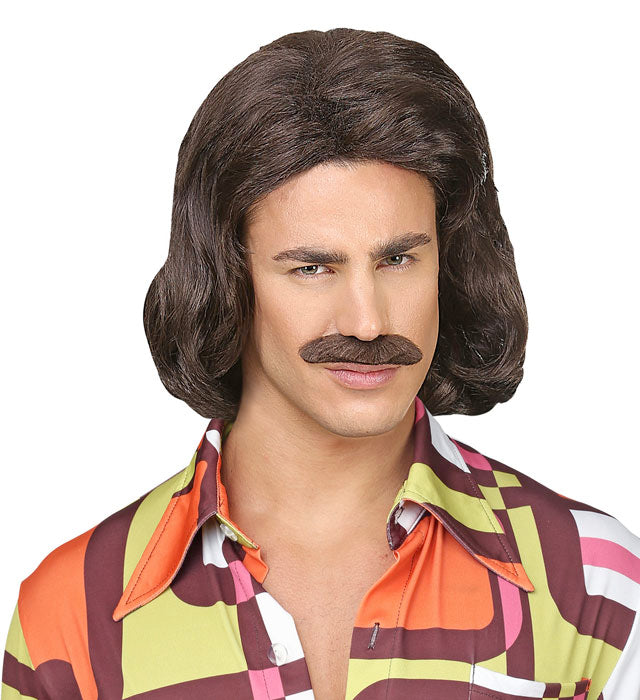 Braune 70er Jahre Dandy Perücke mit Schnurrbart in Box