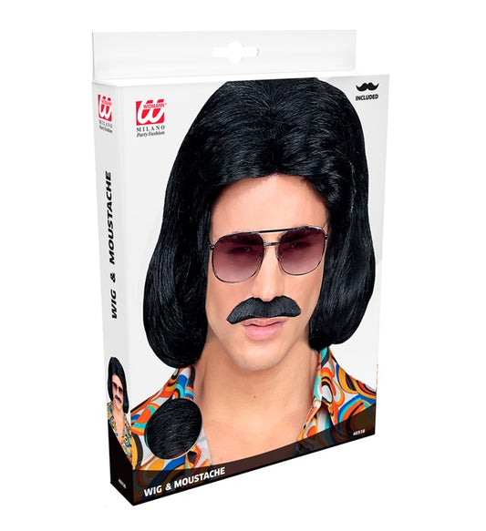 Schwarze 70er Jahre Dandy Perücke mit Schnurrbart in Box