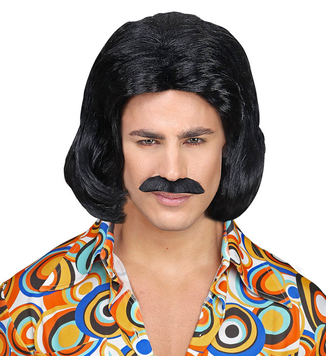 Schwarze 70er Jahre Dandy Perücke mit Schnurrbart in Box