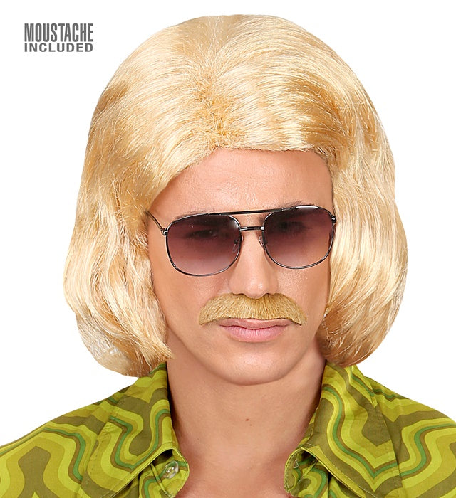 Blonde 70er Jahre Dandy Perücke mit Schnurrbart in Box