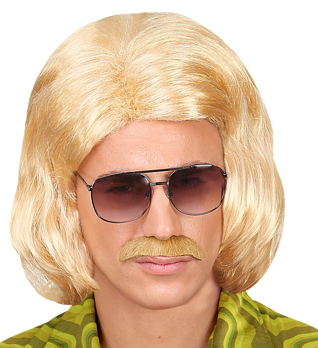 Blonde 70er Jahre Dandy Perücke mit Schnurrbart in Box