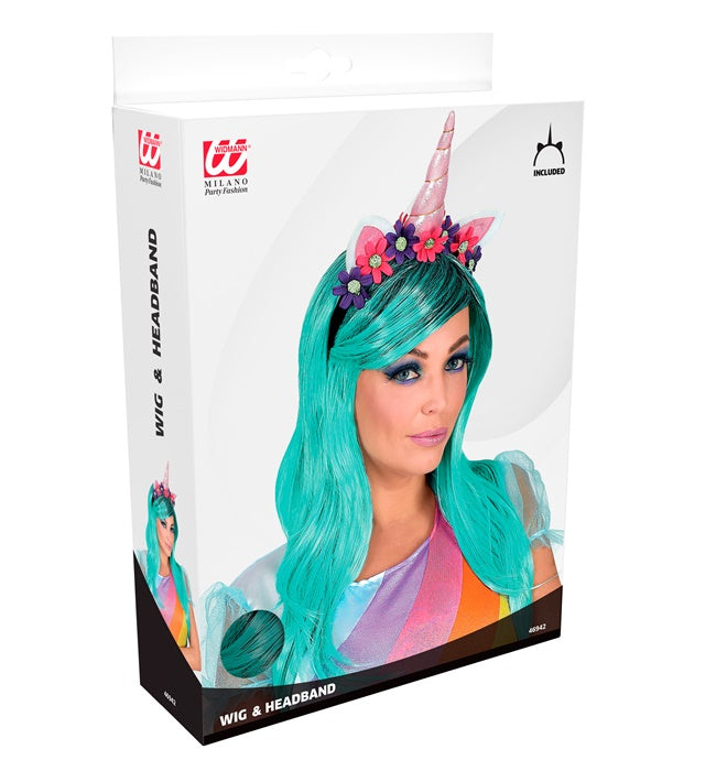 Kinder-Einhorn-Perücke mit buntem Haarreif in Geschenkbox