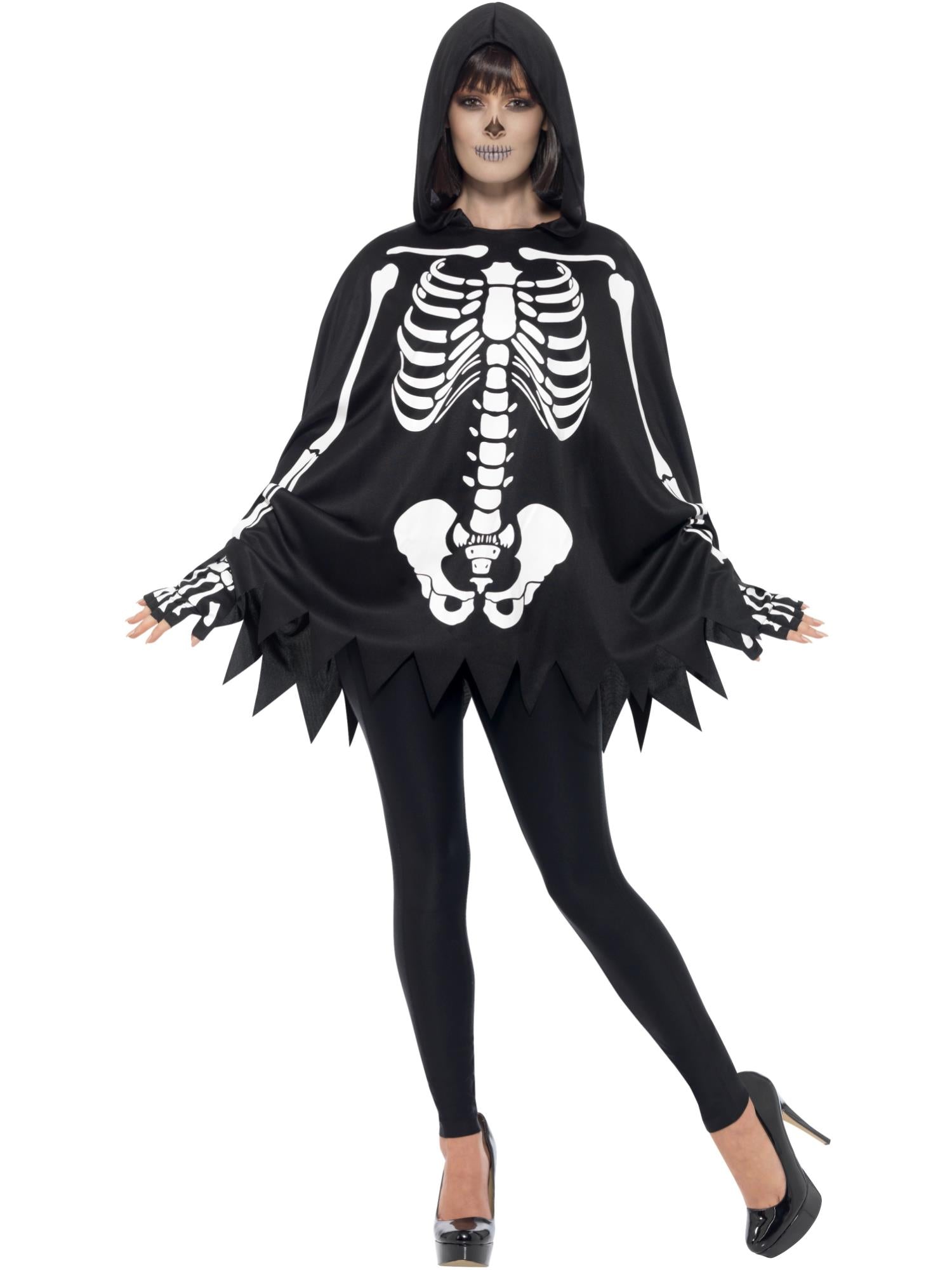 Smiffys Skeleton Kostüm-Set Schwarz mit Poncho und Handschuhen – Produktansicht