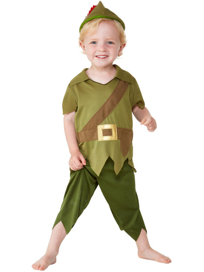 Smiffys Robin-Hood-Kostüm für Kleinkinder in Grün und Braun mit Hut, Oberteil und Hose – Produktansicht