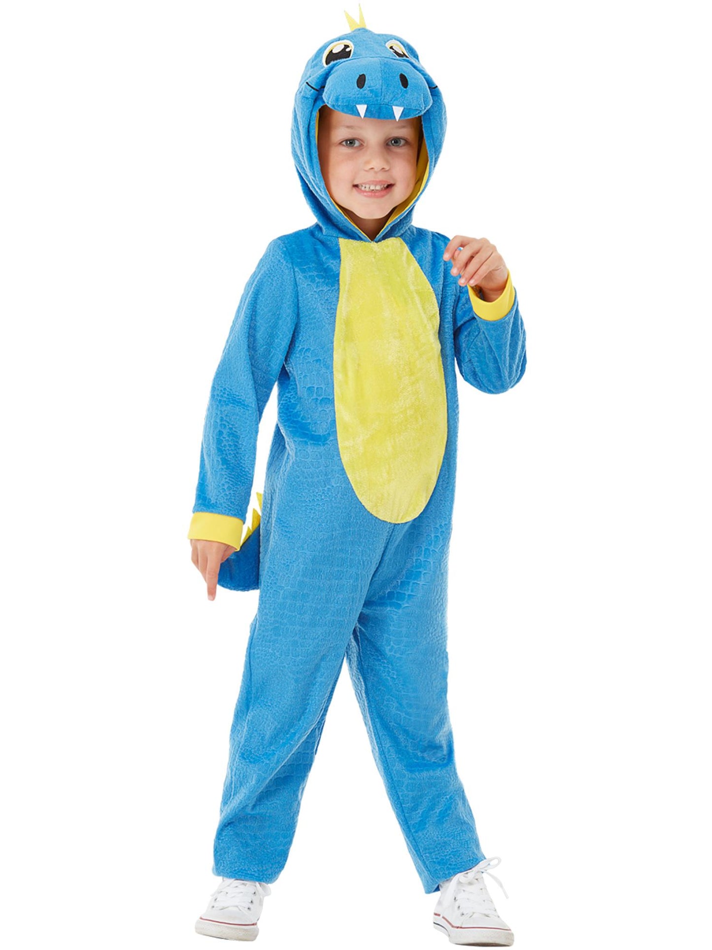 Smiffys blaues Dinosaurierkostüm für Kleinkinder mit Kapuzen-Overall – Produktansicht