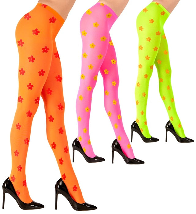 Neon Blümchenstrumpfhose 40 DEN in drei leuchtenden Farben für Fasnacht