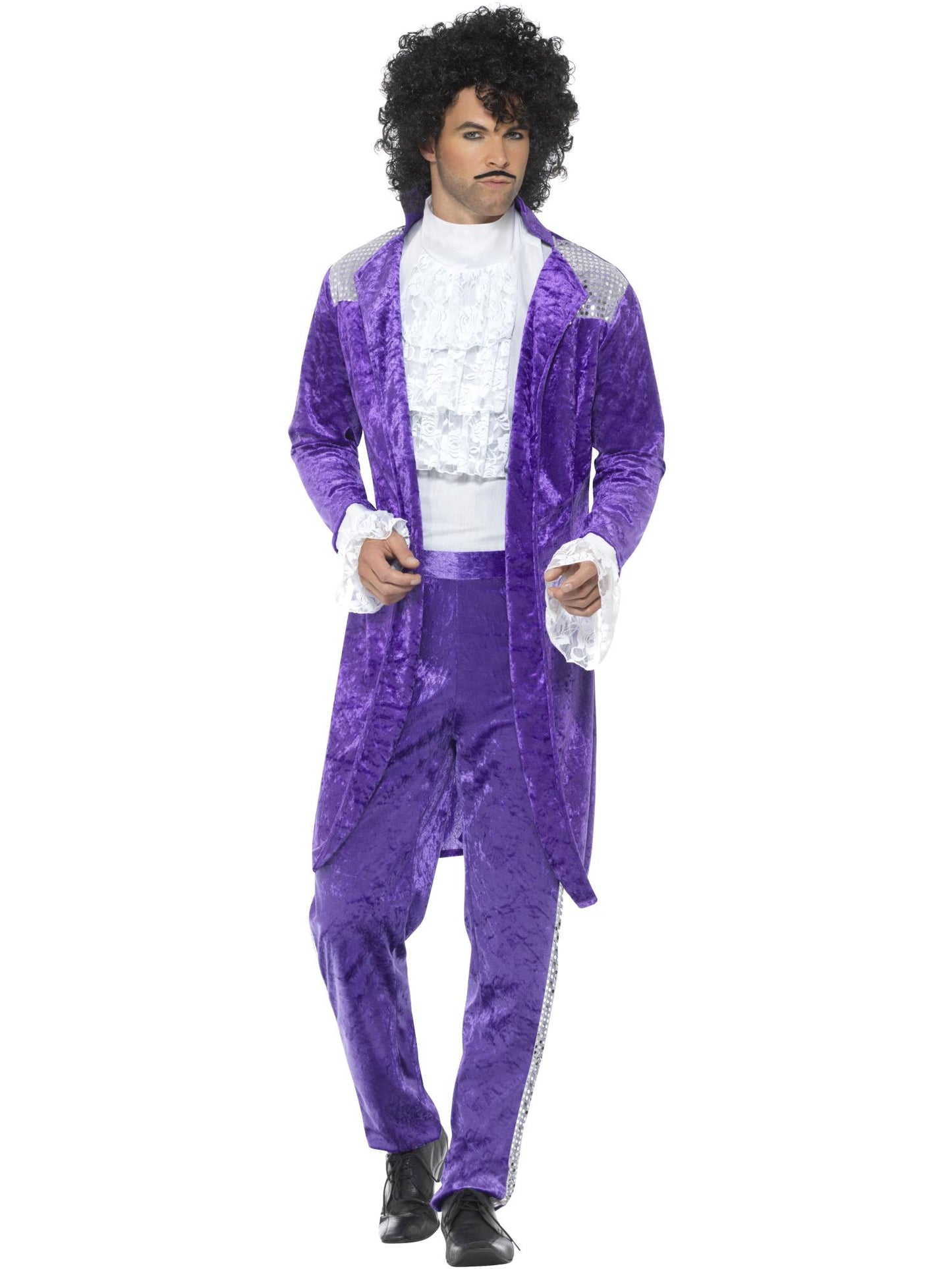 Smiffys lila 1980er-Musiker-Kostüm für Herren mit Jacke, Mock-Hemd und Hose – Produktansicht