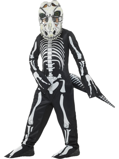 Smiffys schwarzes T-Rex-Skelettkostüm für Kinder mit Bodysuit, Schwanz und Maske – Produktansicht