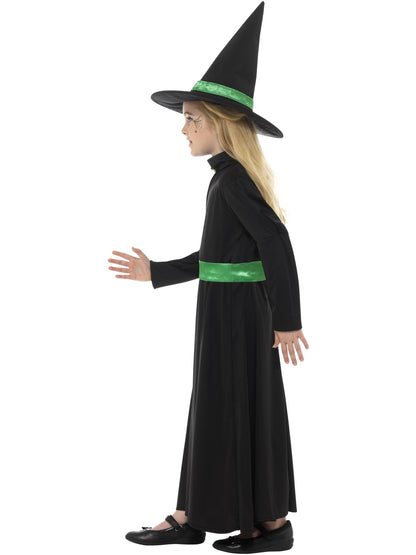 Smiffys Wicked Witch Kostüm für Mädchen in Schwarz mit Kleid, Gürtel und Hut – Seitenansicht