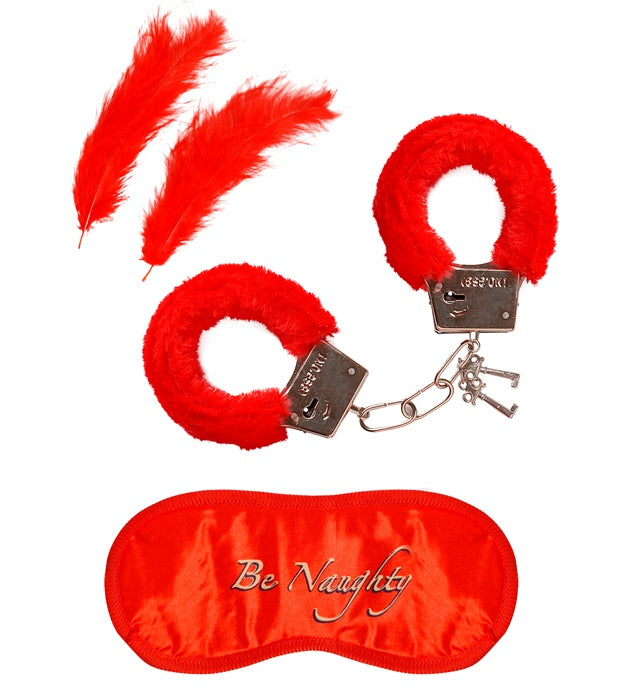 Fell-Handschellen mit Augenmaske und zwei Federn als Accessoire-Set