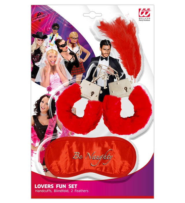 Fell-Handschellen mit Augenmaske und zwei Federn als Accessoire-Set