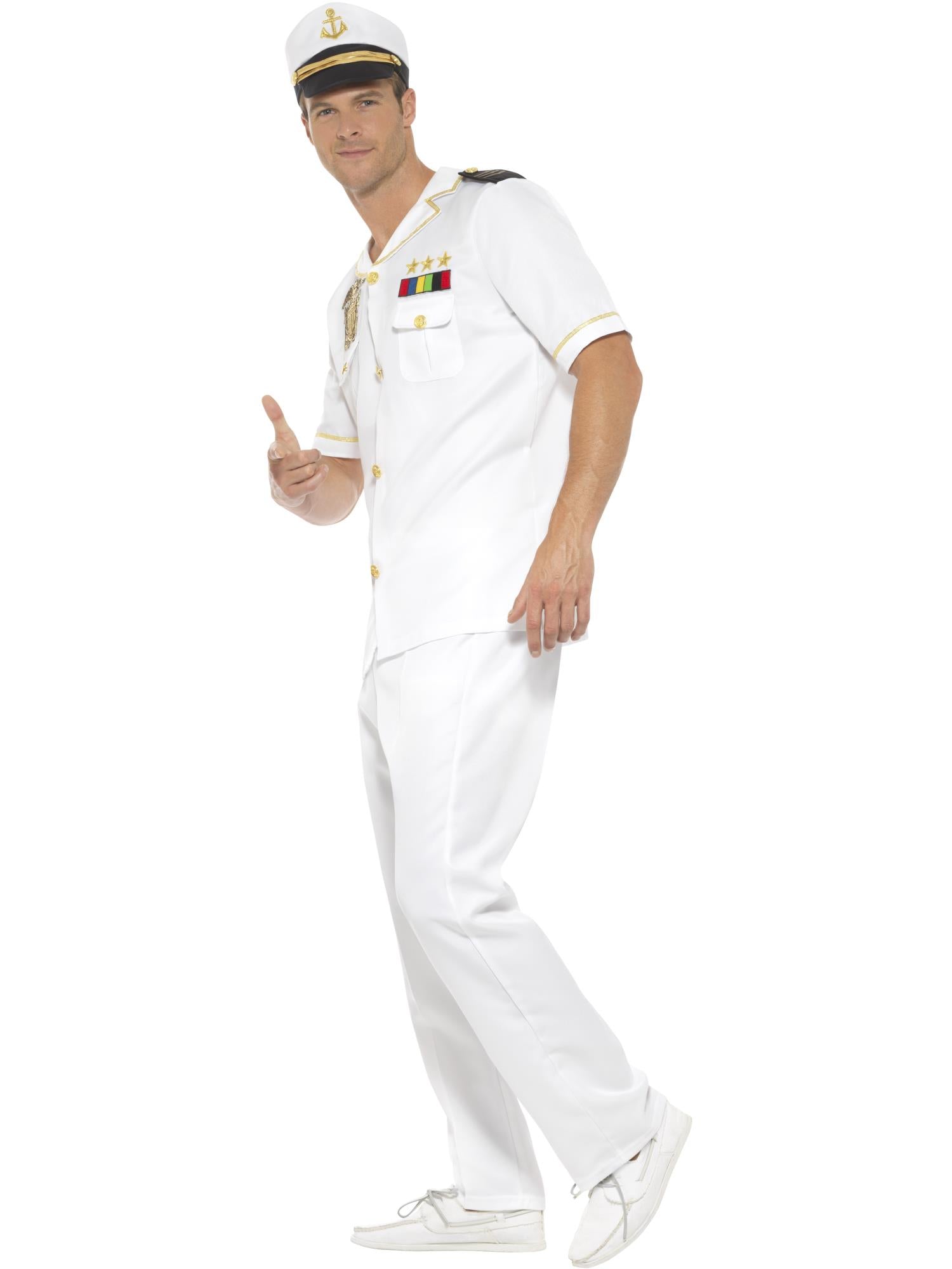 Smiffys AIRFORCE Captain Kostüm für Herren in Weiss mit Oberteil, Hose und Hut – Seitenansicht