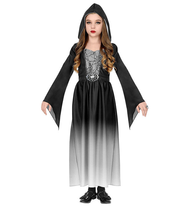 Gothic Girl schwarzes Kleid mit Kapuze für Fasnacht und Mottoparty