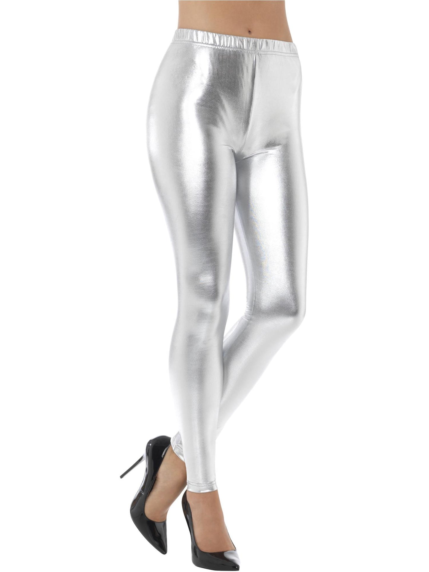 Smiffys silberne Metallic-Disco-Leggings im 80er-Jahre-Stil für Damen
