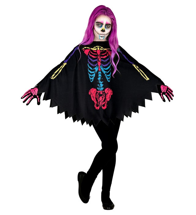 Bunter Skelett-Poncho mit farbigem Skelett-Design auf schwarzem Hintergrund