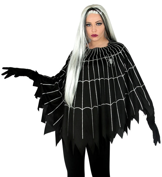 Schwarzer Poncho mit Spinnennetz und großer Spinne für Fasnacht und Halloween