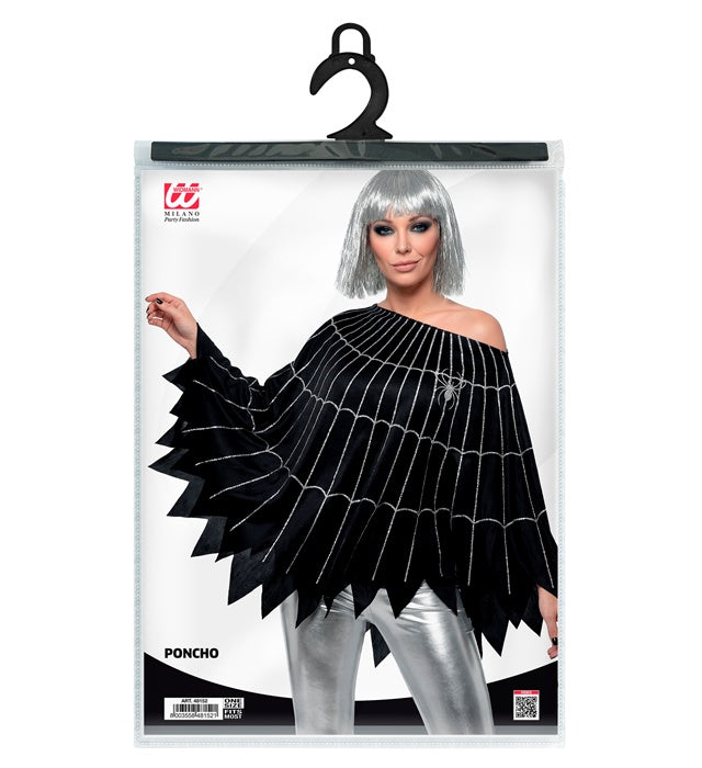 Schwarzer Poncho mit Spinnennetz und großer Spinne für Fasnacht und Halloween