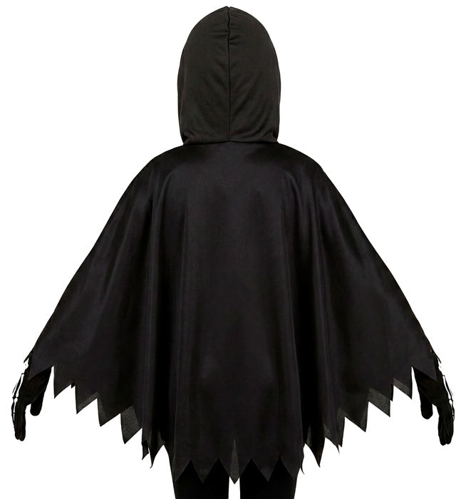Skelett-Poncho mit Kapuze in schwarzem Design mit weißen Knochenmotiven