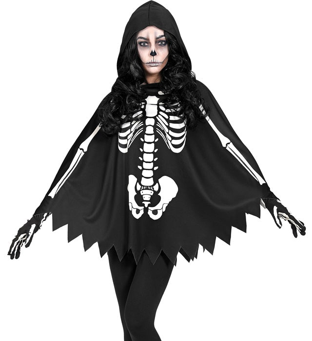 Skelett-Poncho mit Kapuze in Schwarz-Weiss für Halloween und Fasnacht