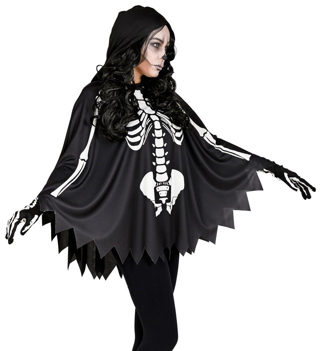 Skelett-Poncho mit Kapuze in Schwarz-Weiss für Halloween und Fasnacht