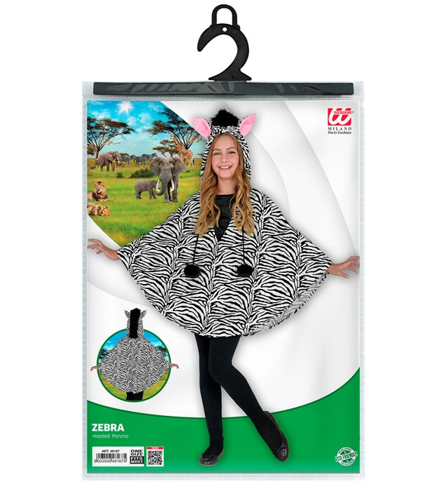 Zebra Poncho mit Kapuze schwar-weiß gestreift als Fasnachtskostüm