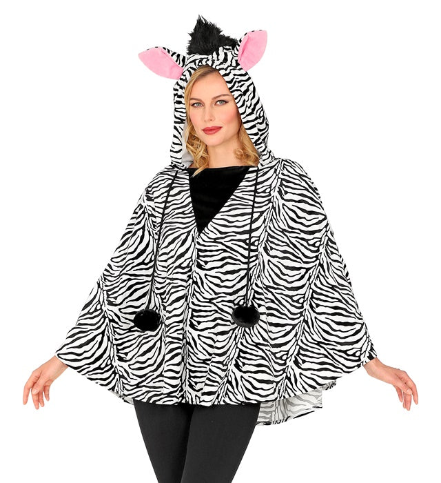 Zebra-Poncho mit Kapuze in schwarz-weißem Streifenmuster