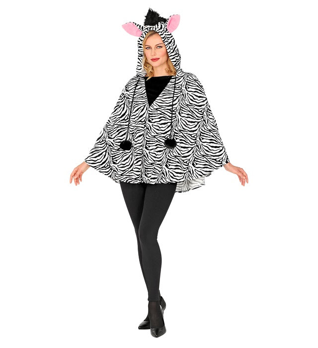 Zebra-Poncho mit Kapuze in schwarz-weißem Streifenmuster