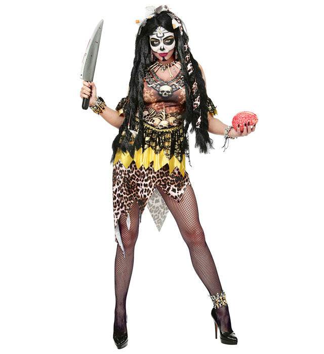 Voodoo Priesterin Kostüm mit schwarzem Kleid, Armstulpen und Stirnband