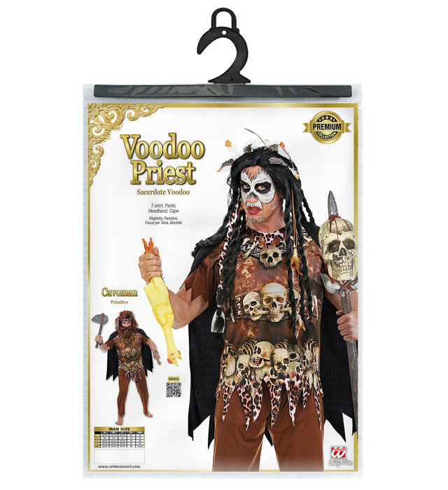 Voodoo Priester Kostüm mit Oberteil, Hose, Stirnband und Umhang auf neutralem Hintergrund